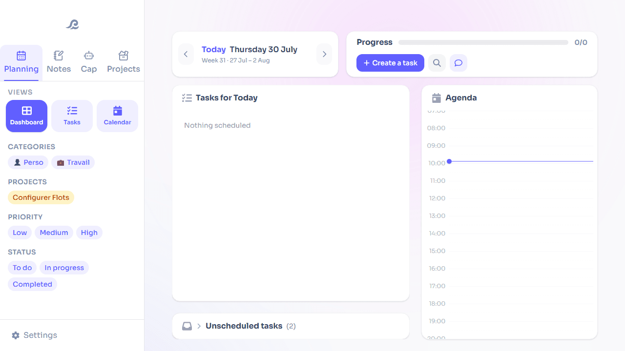 Flots interface bringing together assigned tasks, calendar and notes for a team