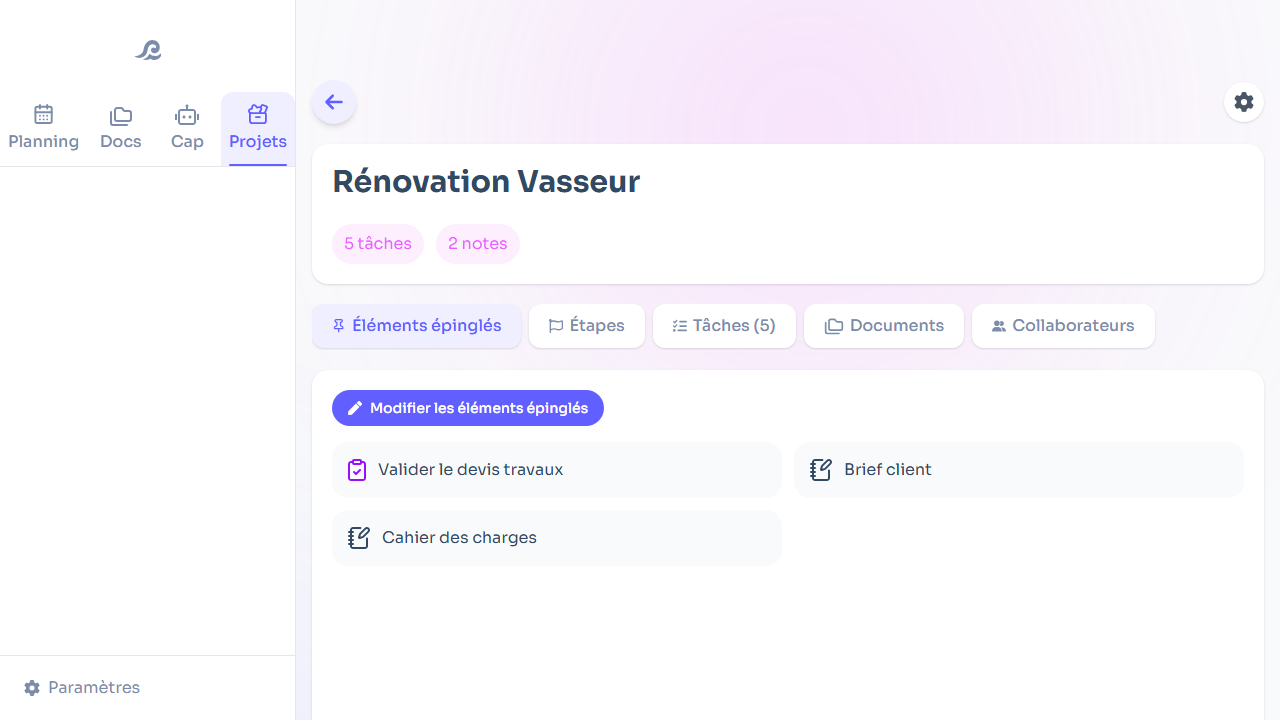Éléments épinglés en tête d'un projet Flots pour garder l'essentiel à portée de regard