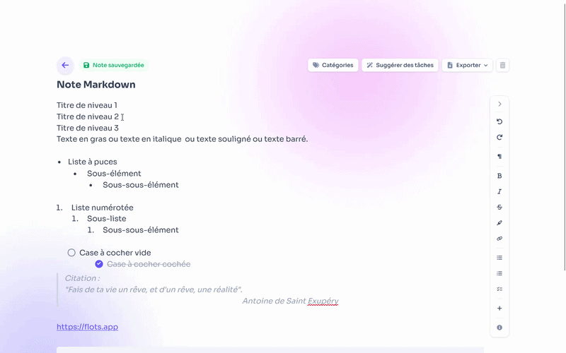 Démonstration des notes Flots en Markdown avec tableaux, cases à cocher, sommaire et export en PDF et Word