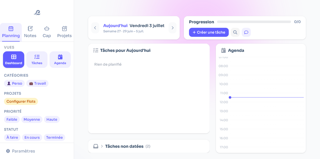 Tableau de bord Planning de Flots réunissant tâches du jour et agenda au même endroit