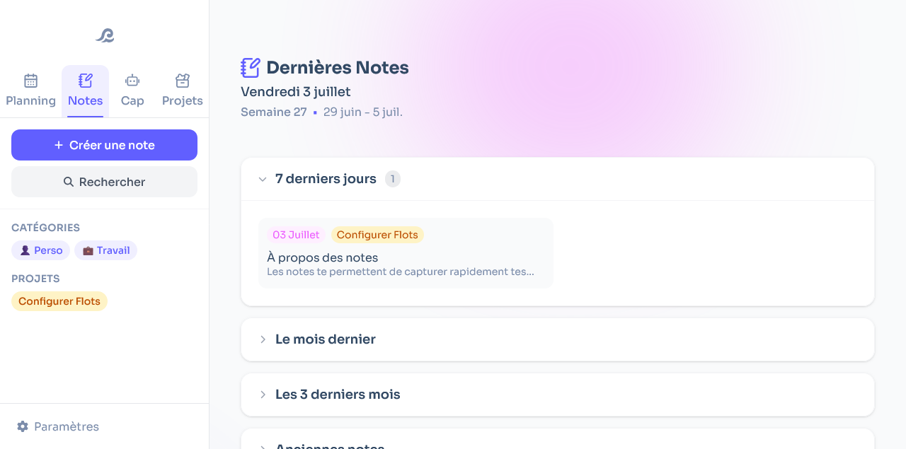 Liste des notes dans Flots classées par date et par catégorie de projet